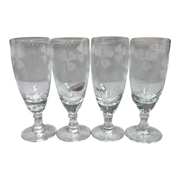 Etched Glass Irish Coffee Mugs Four Leaf Clover Design Finger Handle Set Of 4 - Picture 2 of 8